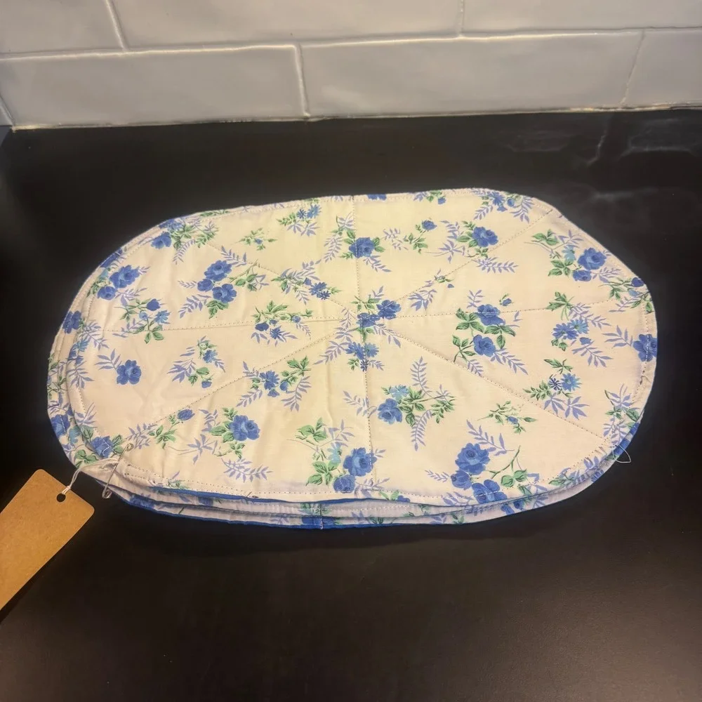 Handmade Quilted Placemats Set of 4 Blue Floral Reversible Oval Table Mats